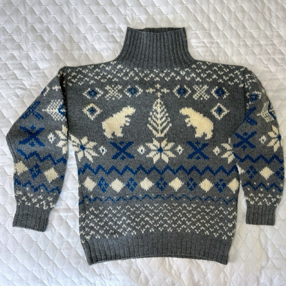 Marsh Landing Sweater Womens L Gray Wool Good Polar Bear Fair Isle Hand Knit - Picture 1 of 6